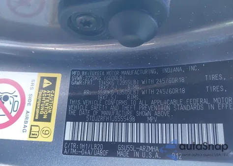 2018 Toyota Highlander Xle z USA, uszkodzony, nr VIN 5TDJZRFH1JS555498